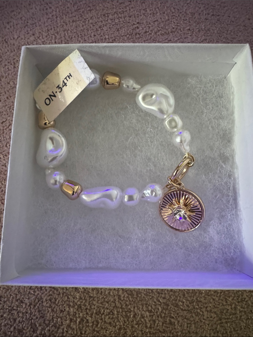 White Pearl & Gold Charm Elegant Bracelet